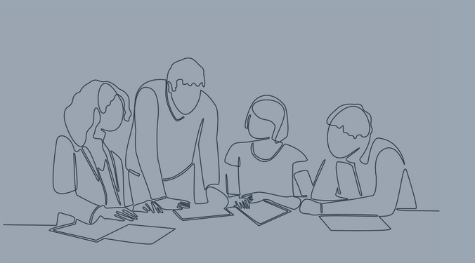 hand drawing outline of people at a desk working
