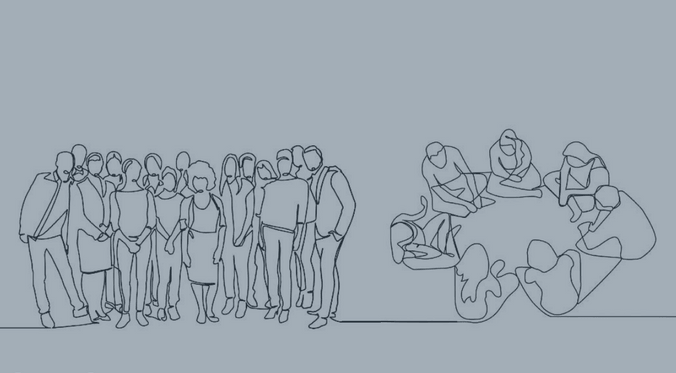two hand drawings of people in sitting and standing positions
