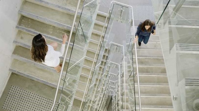 Students climbing stairs