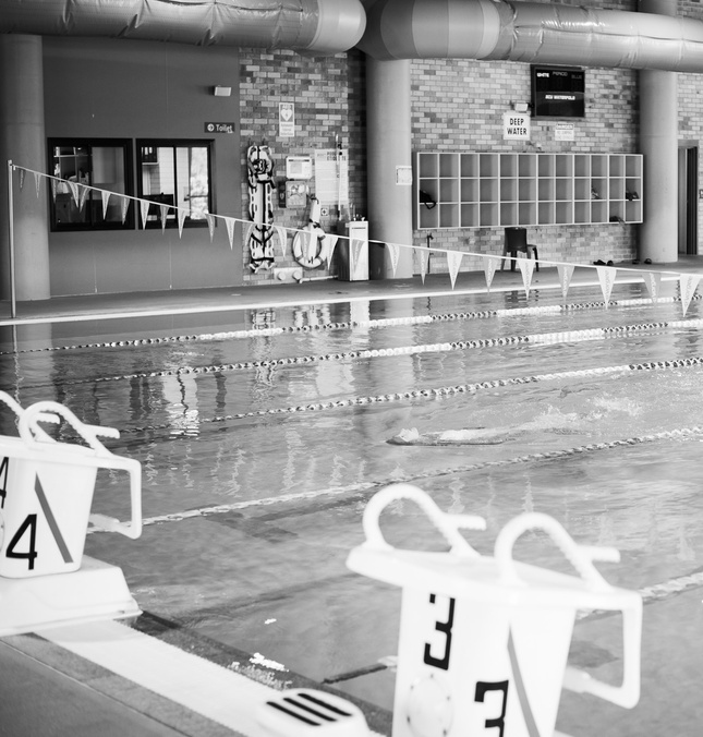 Indoor pool with black and lanes. Person swimming into fram in a lane.