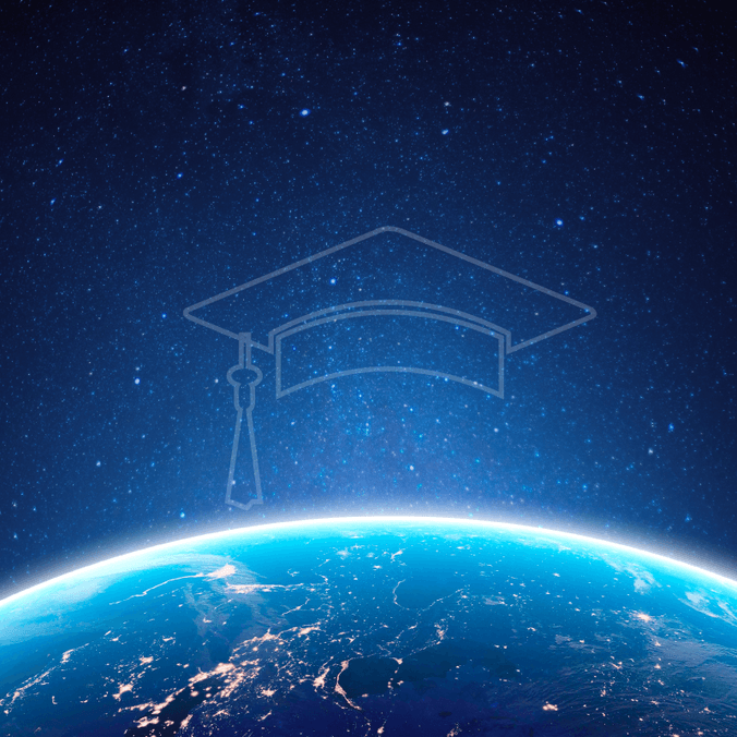 signpost, lightbulb with mortar board headwear and a sun rising