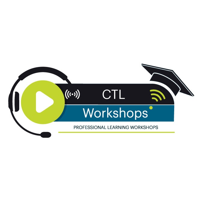 CTL workshops text with a headset to the right and a graduation mortar board to the right