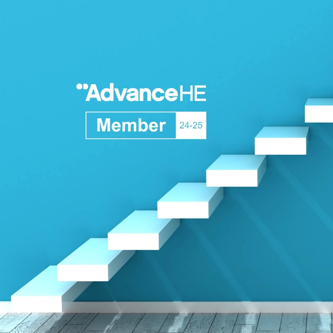 white set of inclining stiars on a blue background with Higher Education Academy logo on the left in white
