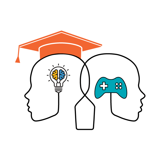outline of two head back to back, one wearing mortar board and contains lightbulb the other head contains a gaming controller