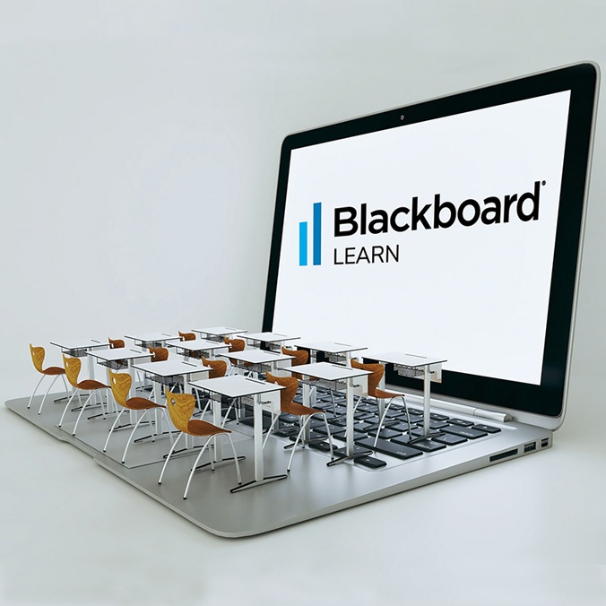 classroom desks on a laptop with Blackboard Learn logo on the screen