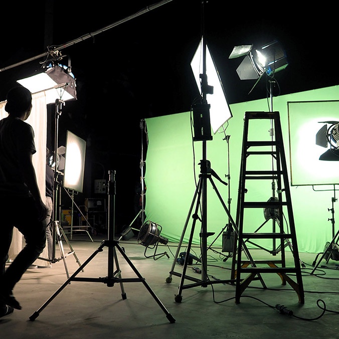 video, lighting equipment with green screen in the background