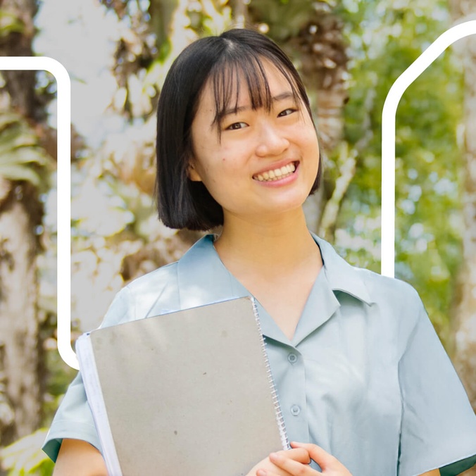 SCU College student with design overlay