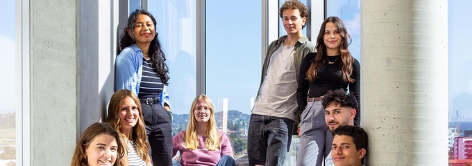 International students sat in the stairwell