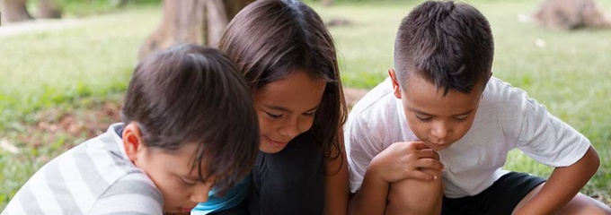 Three young children in bush looking at the ground