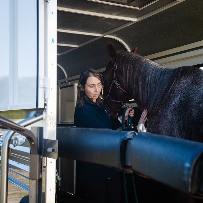 Associate Professor Barbara Padalino leading horse into float