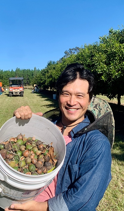 A man holding a large bucket of harvested macadamia fruit