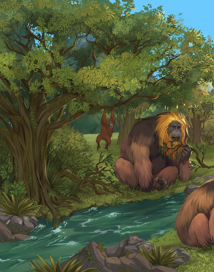 A group of apes in a forest setting - illustration