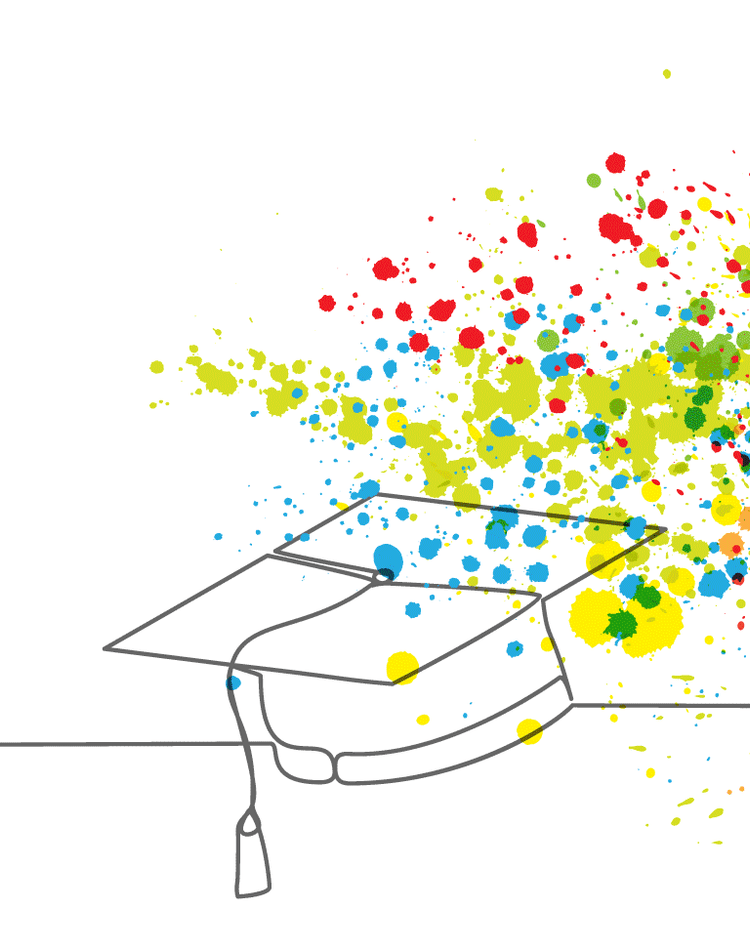 Rainbow coloured brain splattering paint drops over graduation cap