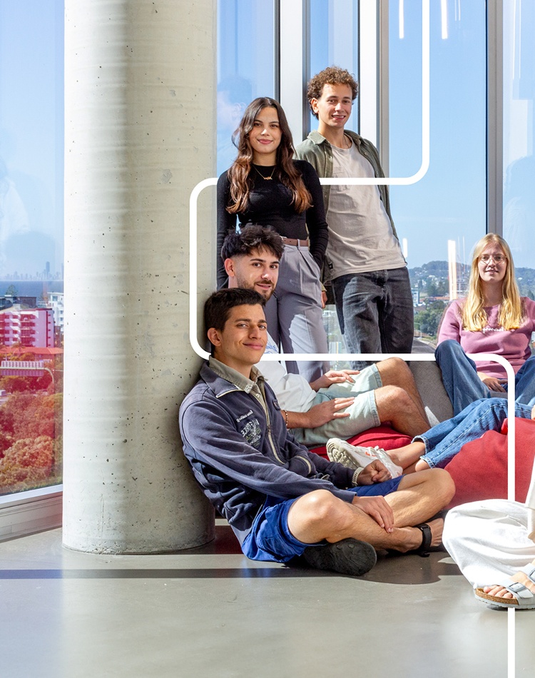 Students sitting down at a high level of the Gold Coast Campus