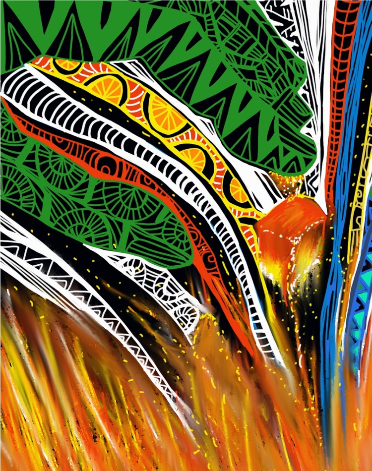 Colourful artwork with NAIDOC logo and text: Keep the fire burning. Blak, loud and proud 7-14 July 2024