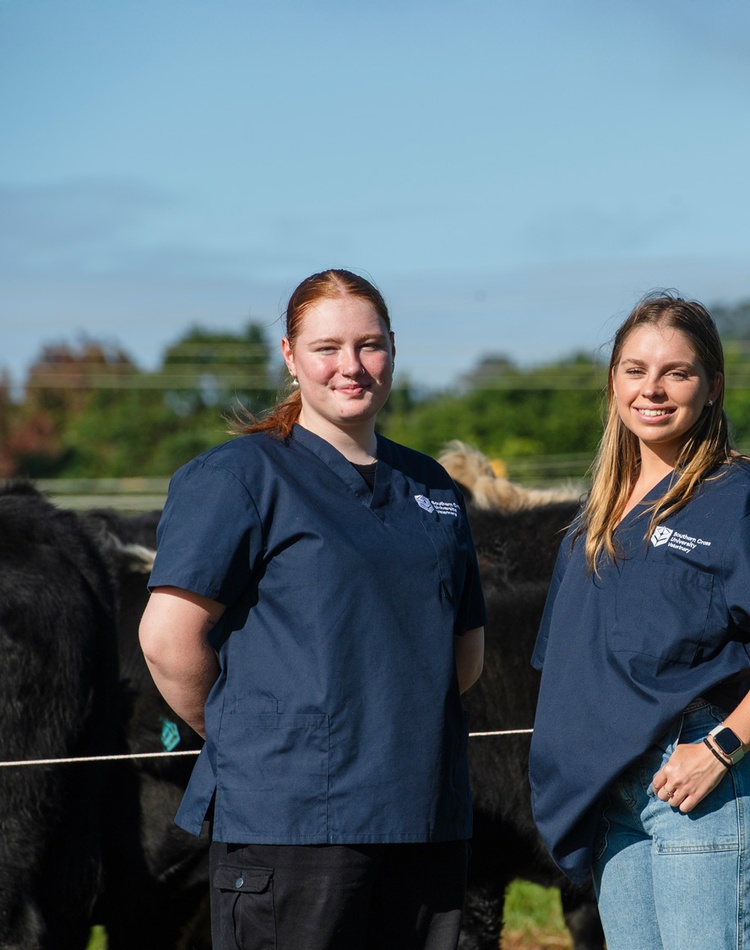 Two female Vet science students standing in paddock with some cows