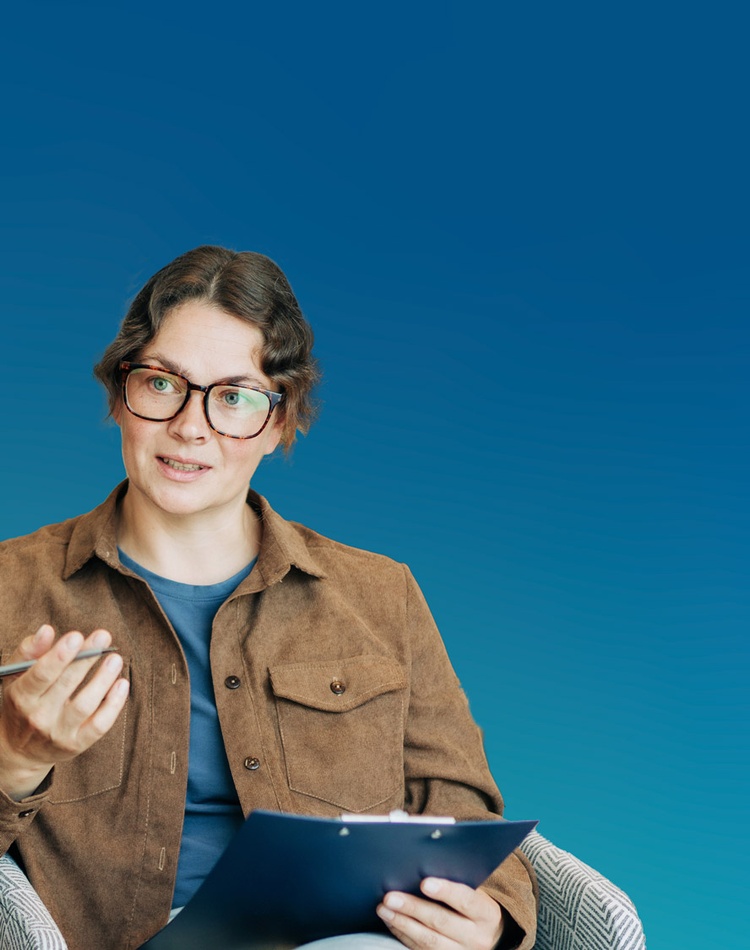 A mental health consultant on blue gradient