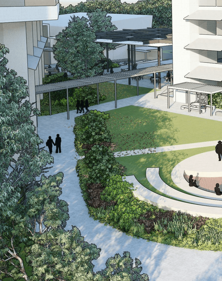 Graphic of students in a courtyard outside