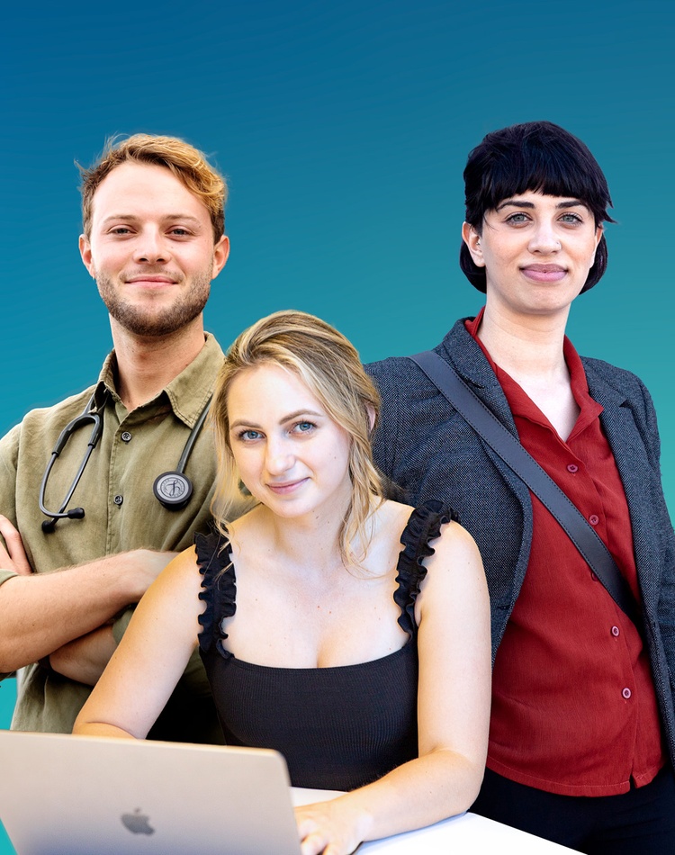 Three students smiling - image has blue gradient background