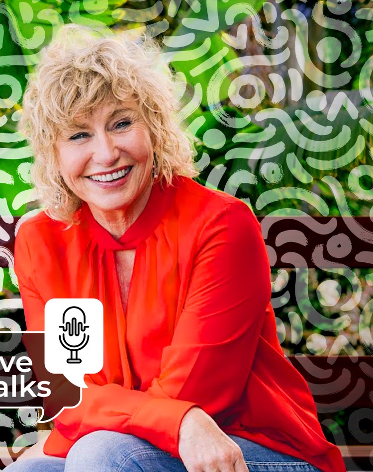 Sharon Styman sitting with an edited Live Talks background