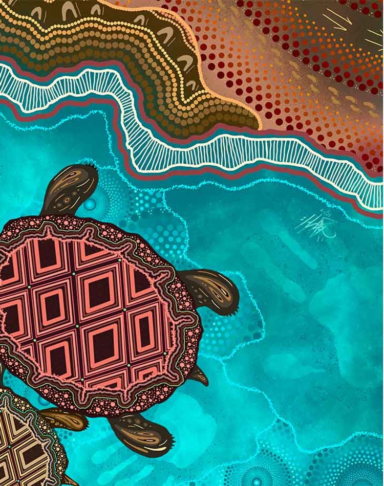 Artwork depicting a group of turtles swimming in a river