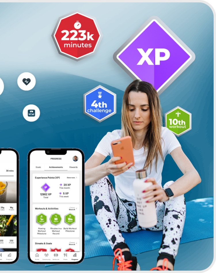 girl exercising looking at phone - screen shots of fitillion app