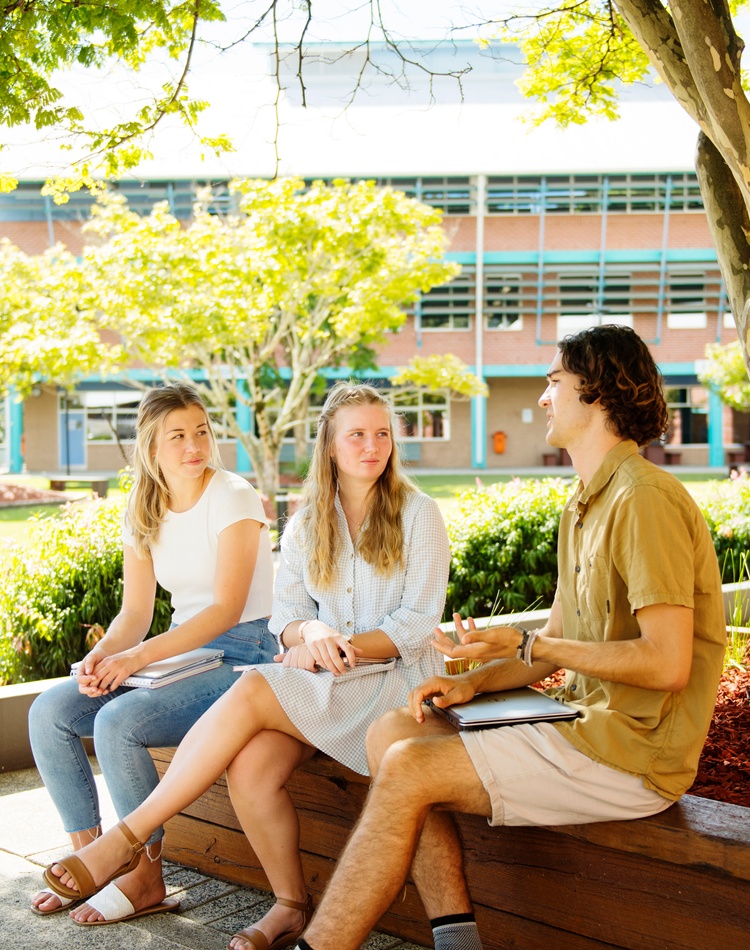 Three students chatting under a tree