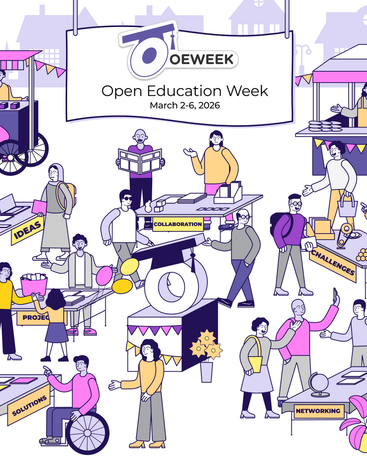 White background with purple icon of students studying