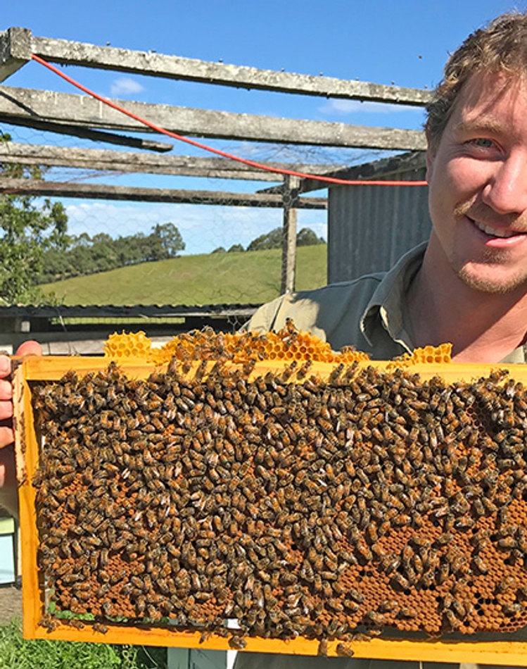 Dr Couper Schouten holding bee frame