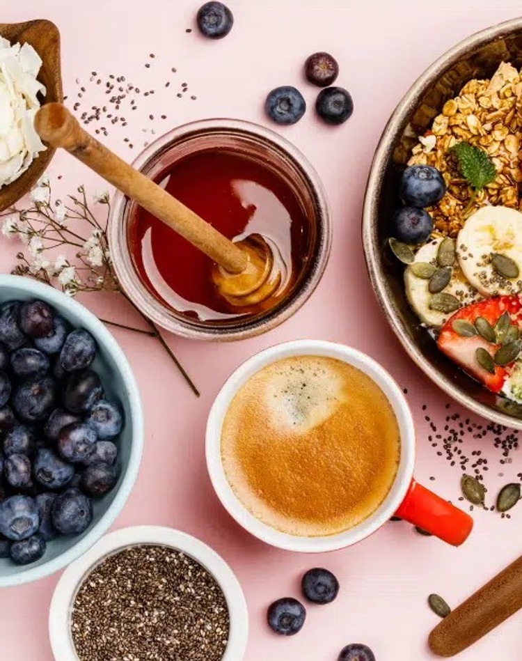 Breakfast foods on display with coffee