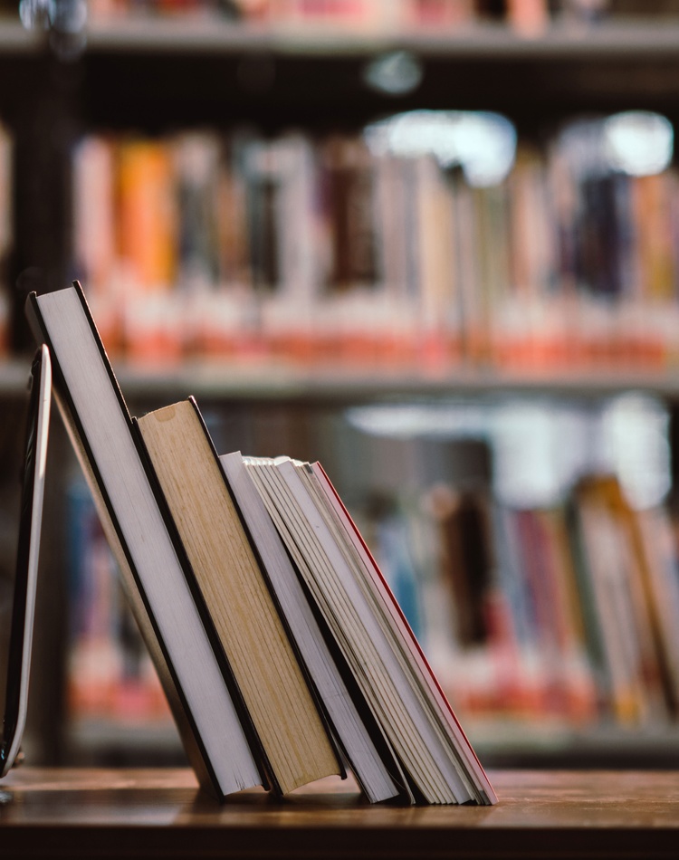 a set of books leaning up against one another