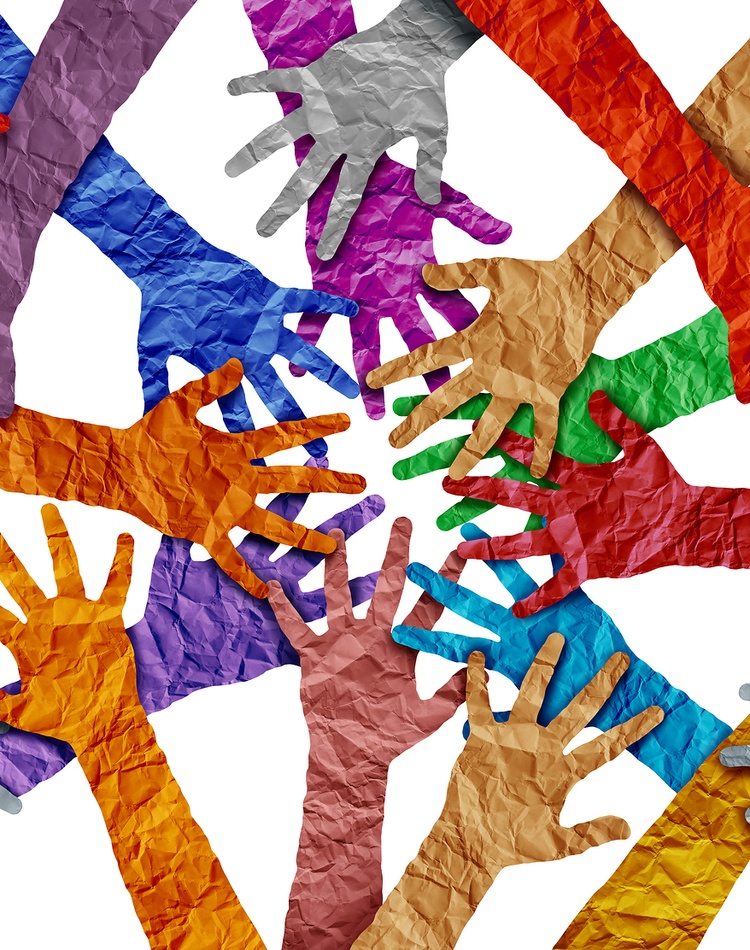 a drawing of many arms reaching across each other in different colours to represent diversity