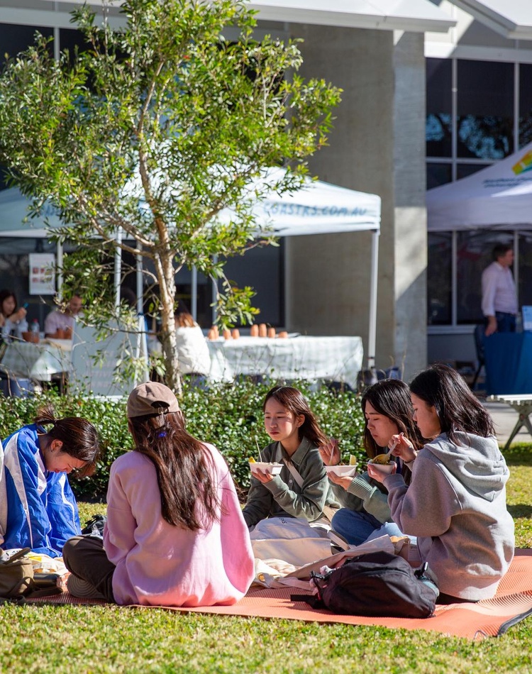 Students sitting and eating at orientation