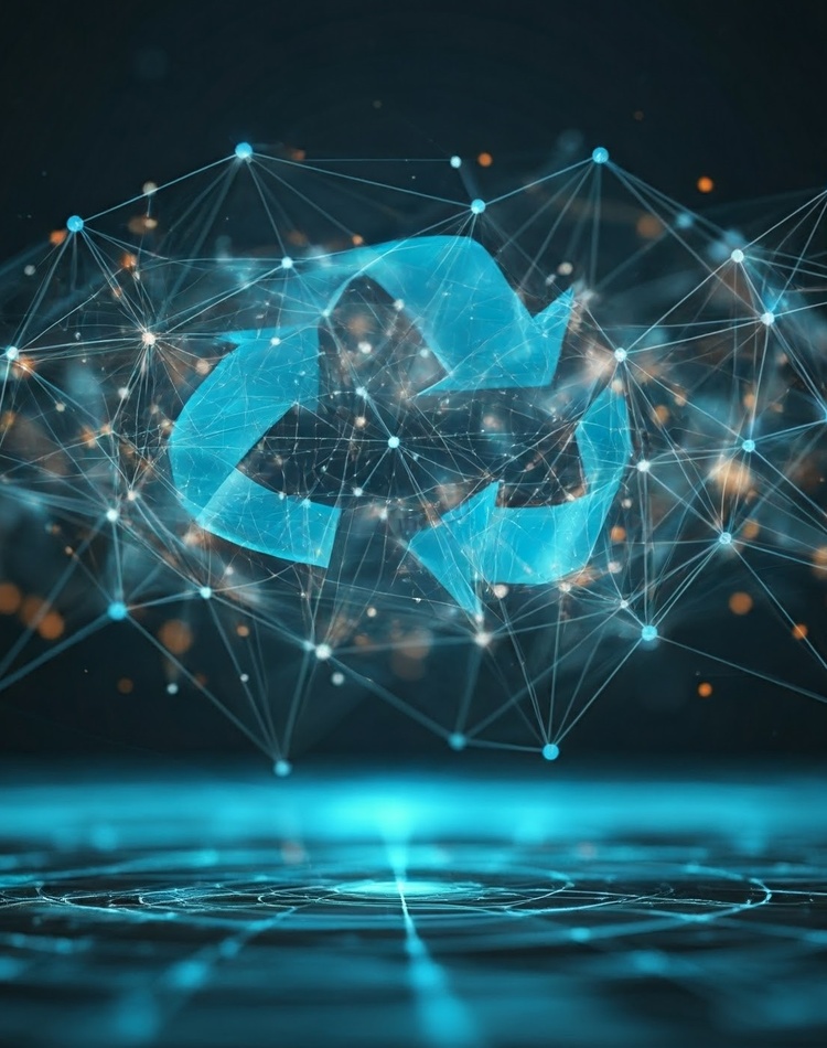 A recycling logo above an abstract graphic of a neural network