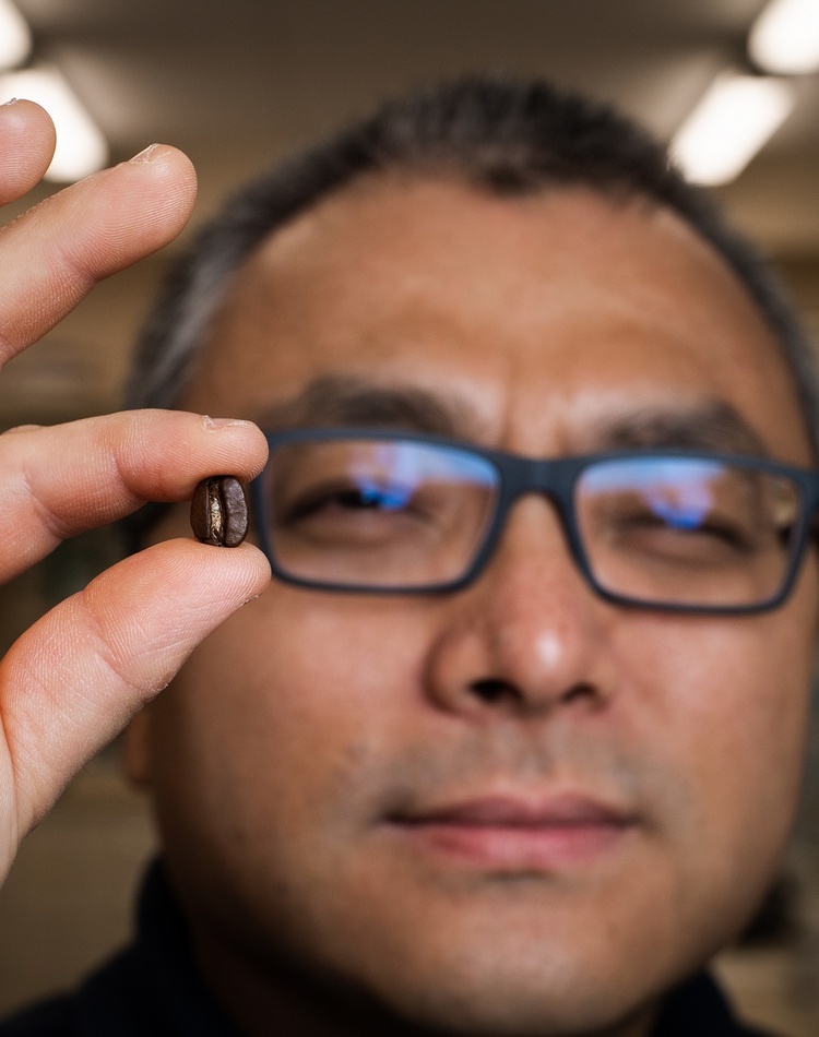 A man holding a coffee bean in front of the camera