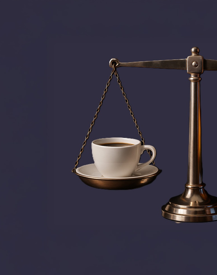 Lunch Law Talks  - image shows a set of scales with coffee cup and hamburger balanced either side