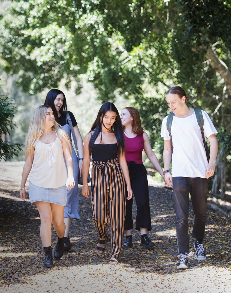 5 students walking in a group