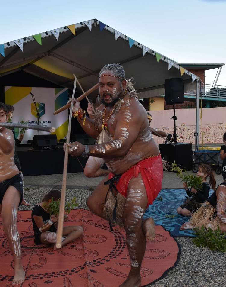 Indigenous cultural dancers at Coffs Harbour campus