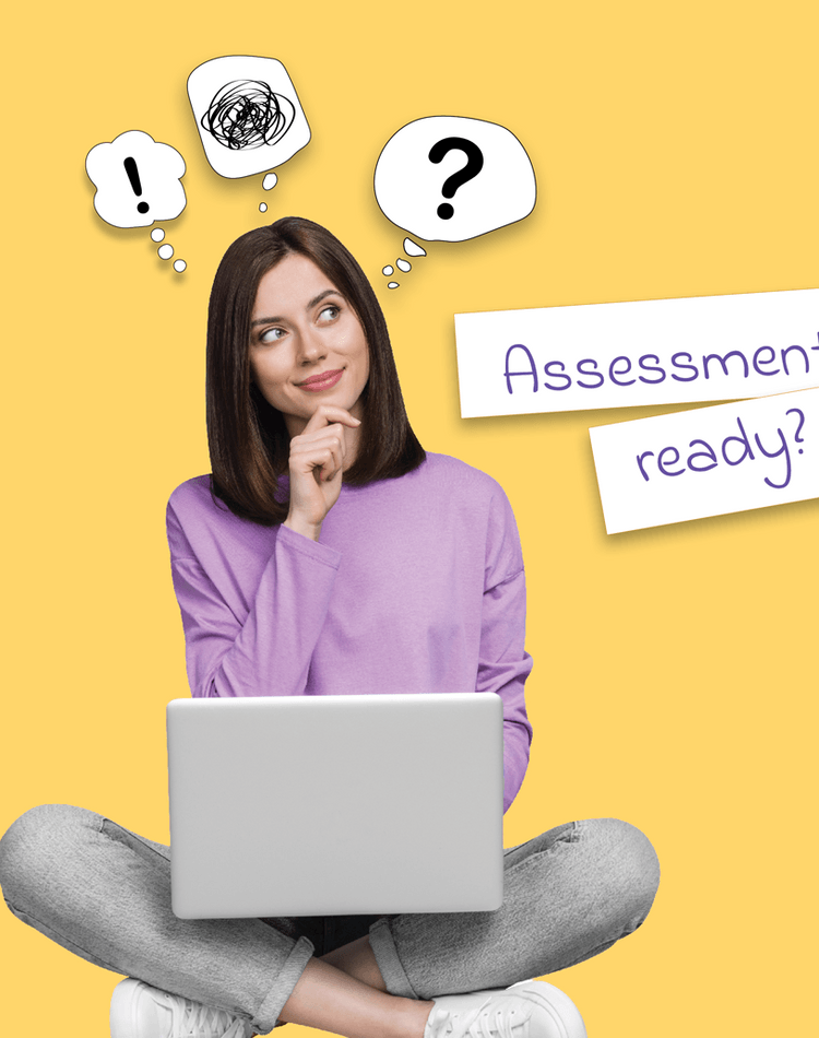 student with laptop with assessment help thought bubble
