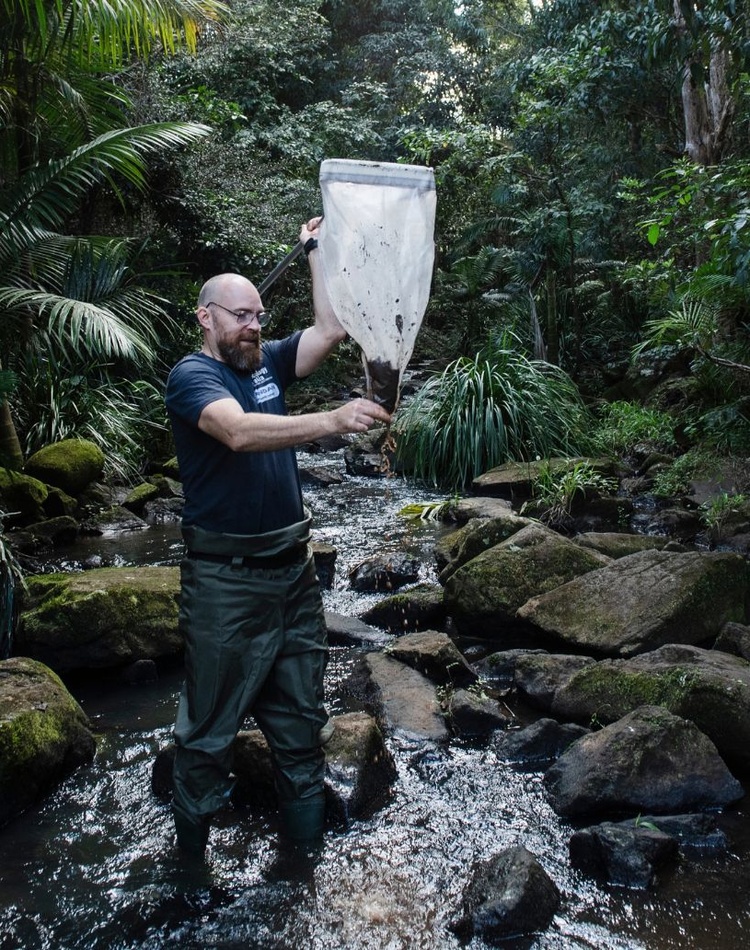 Man standing in a rocky stream holding a large net