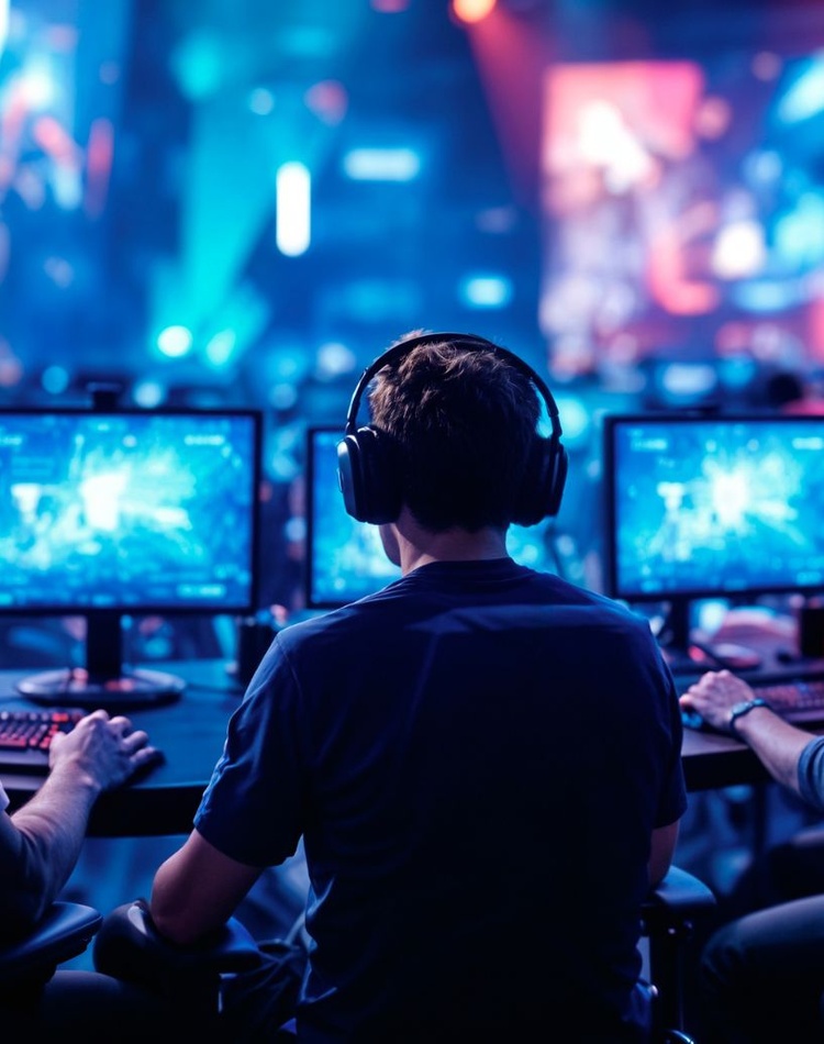 Three males from behind with headphones playing games on computers