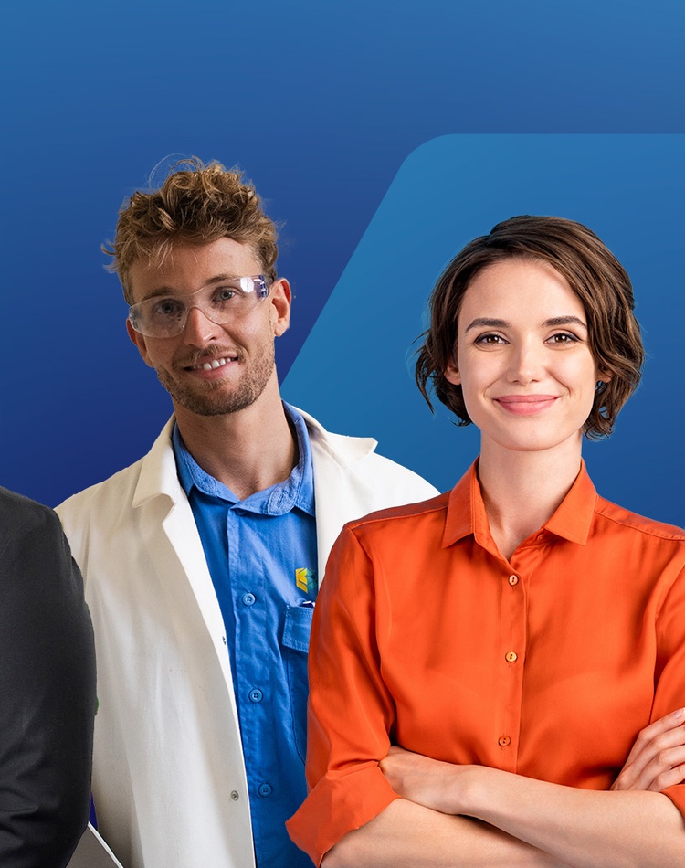 Three females one male with blue background