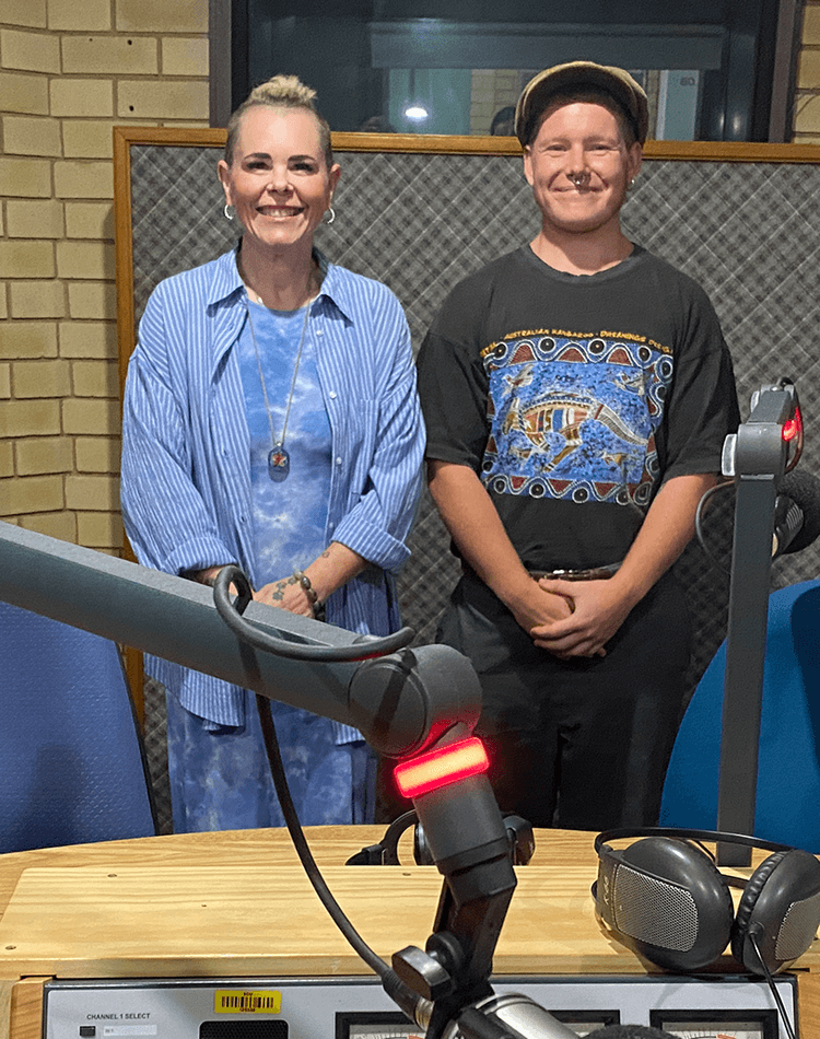 Dr Kelly Menzel and student host River Mueller in recording studio