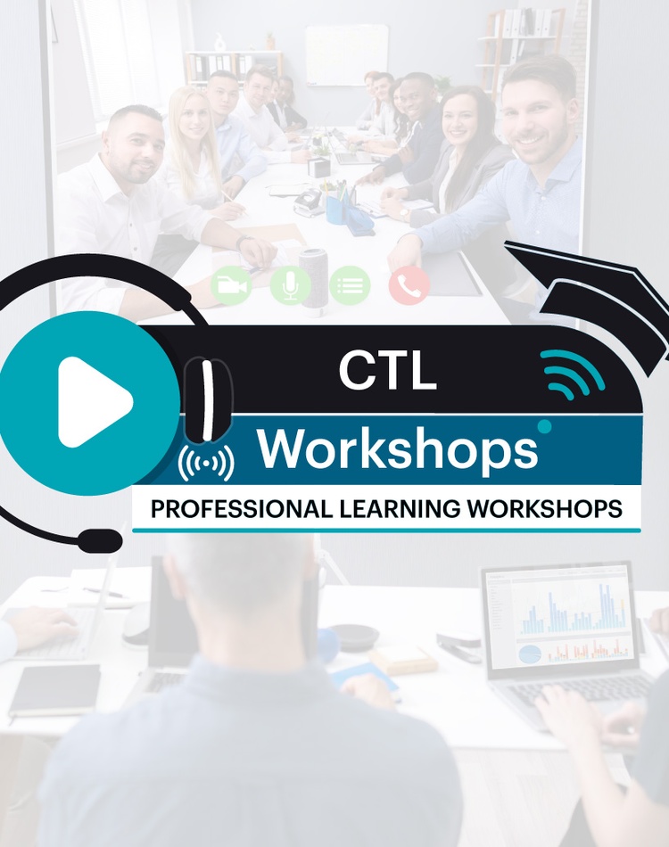 text with CTL Workshops with a headset to the right and a graduation mortar board to the right
