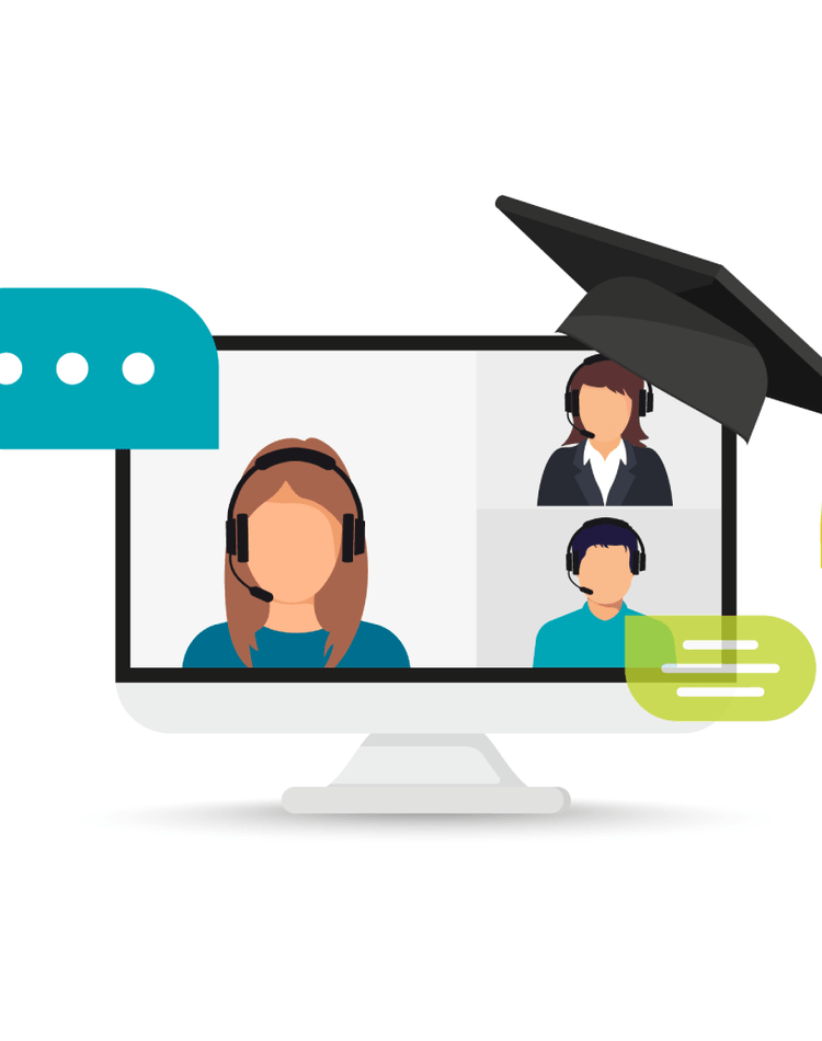 computer monitor showing teacher and students chatting with mortar board hanging on the corner