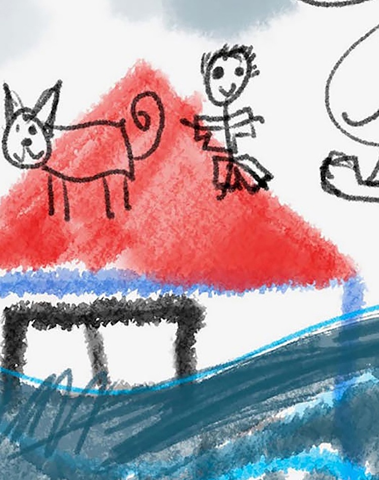 A child's diagram of their experiences in a flood sitting on roof of house