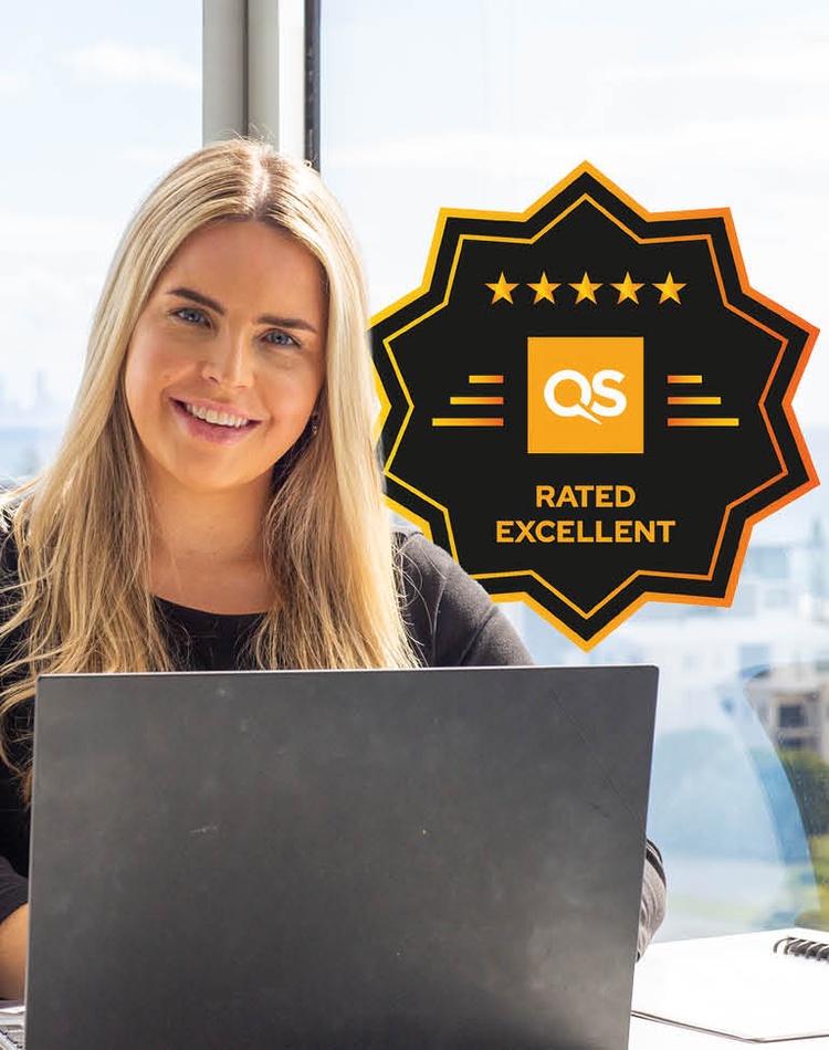 Female student in front of laptop with a star shaped award image alongside
