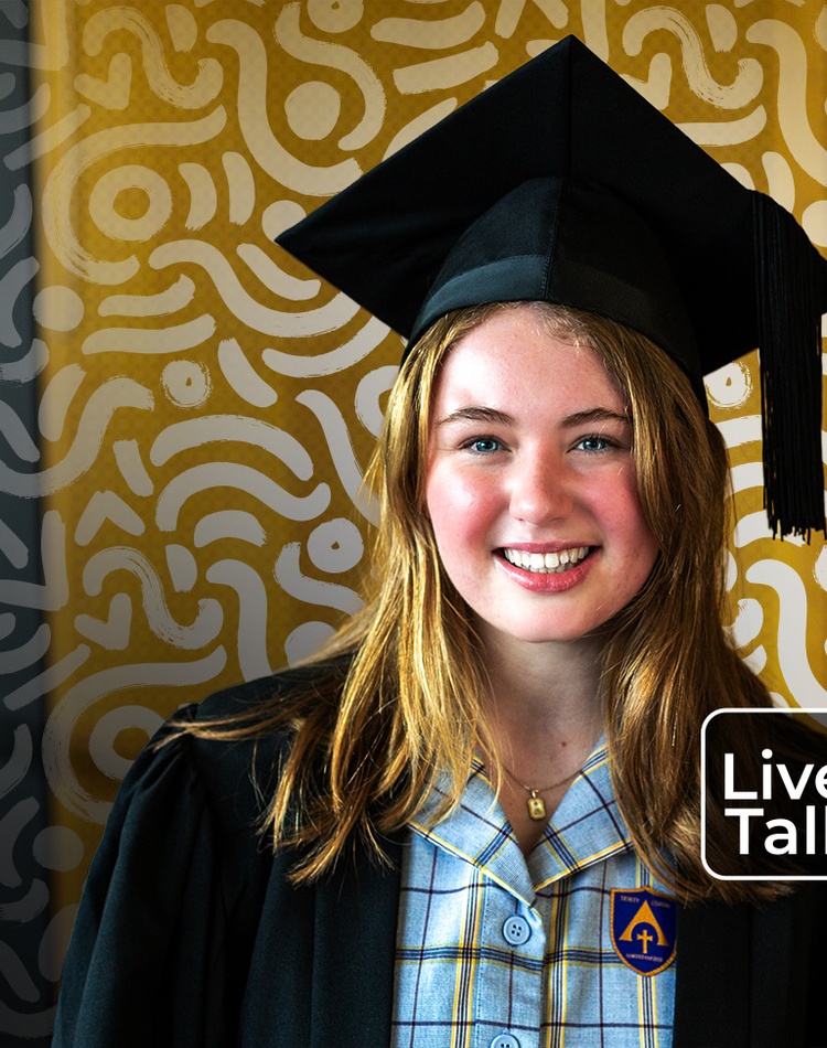 High school Scholars graduate wearing mortarboard, Live Talks logo