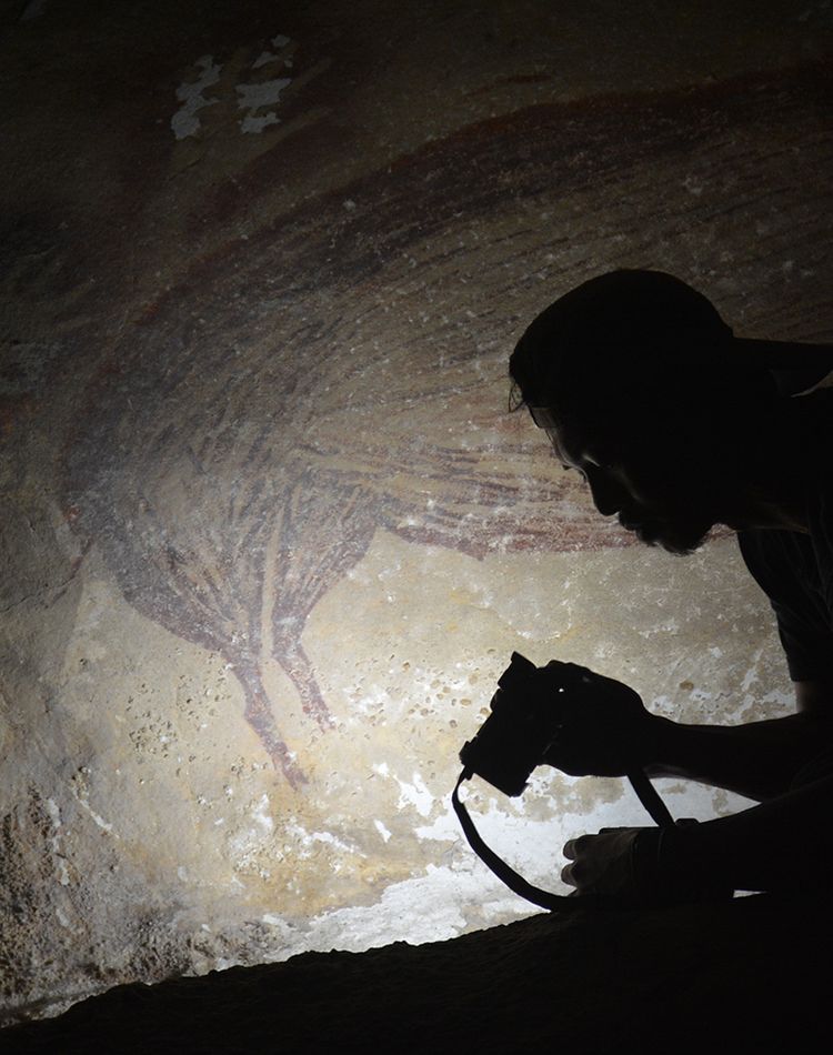 Rock art pig with researcher Oktaviana_credit AA Oktaviana