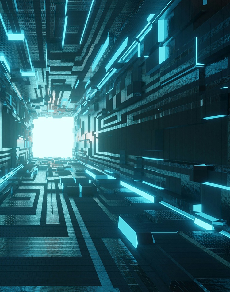 3D rendering of a futuristic dark hallway with blue and white lights